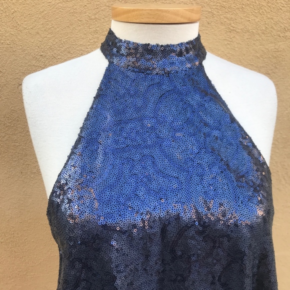 Flirty Blue Sequined Halter Mini Dress Small - Picture 4 of 8